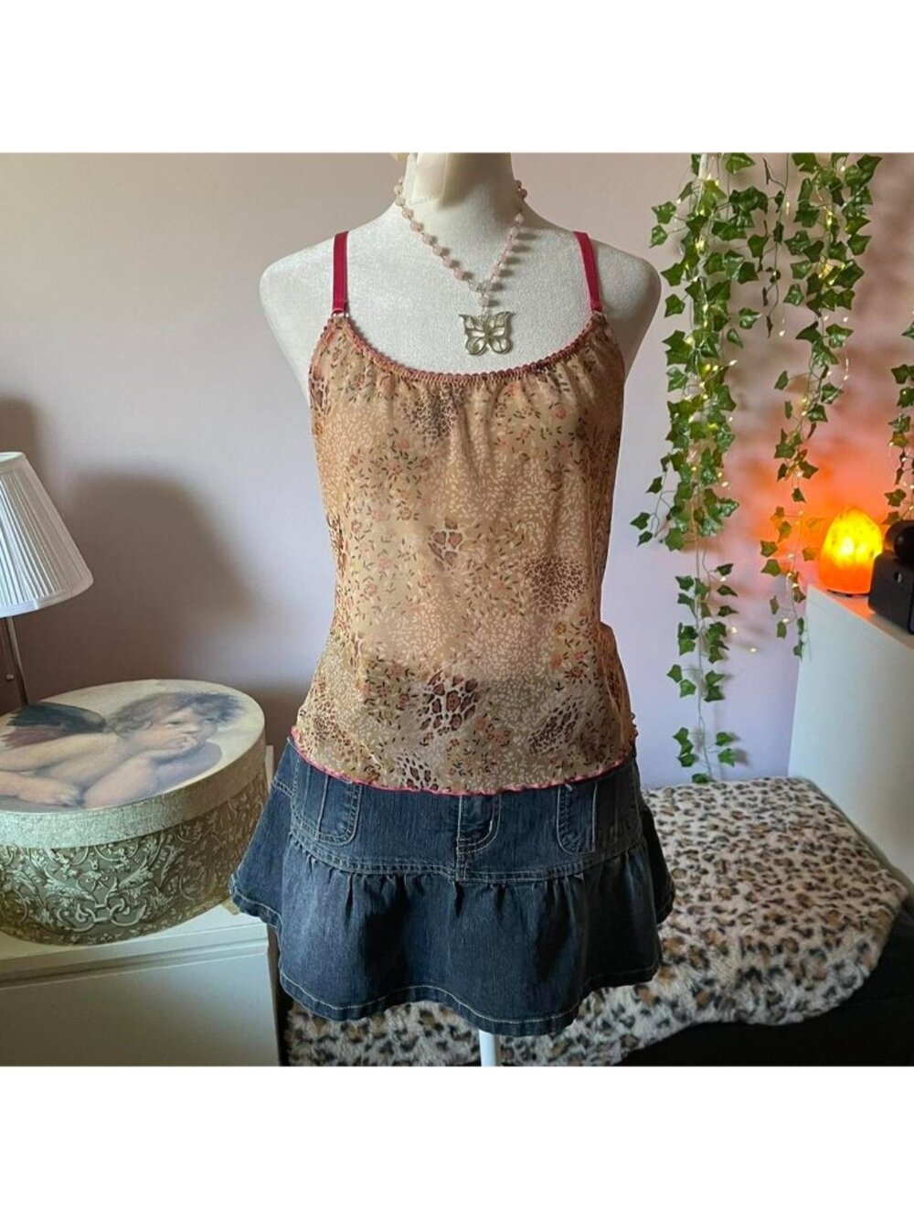 Y2K sheer floral & animal print cami top